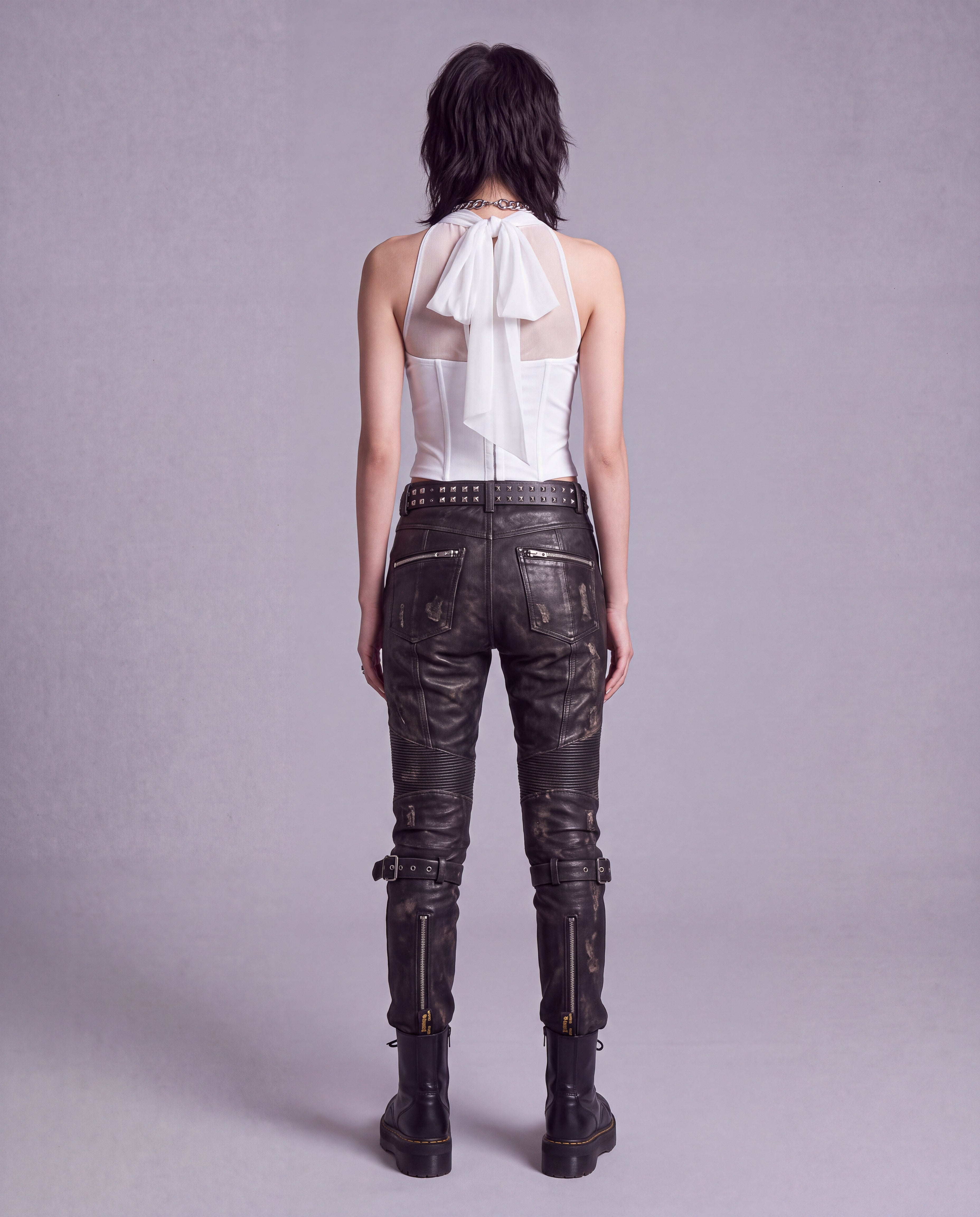 Sheer Draped Halter Corset Top with Structured Waist and Tie Back