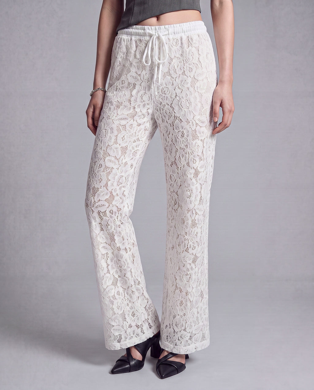 Sheer Floral Lace Wide Leg Pants with Drawstring Waist