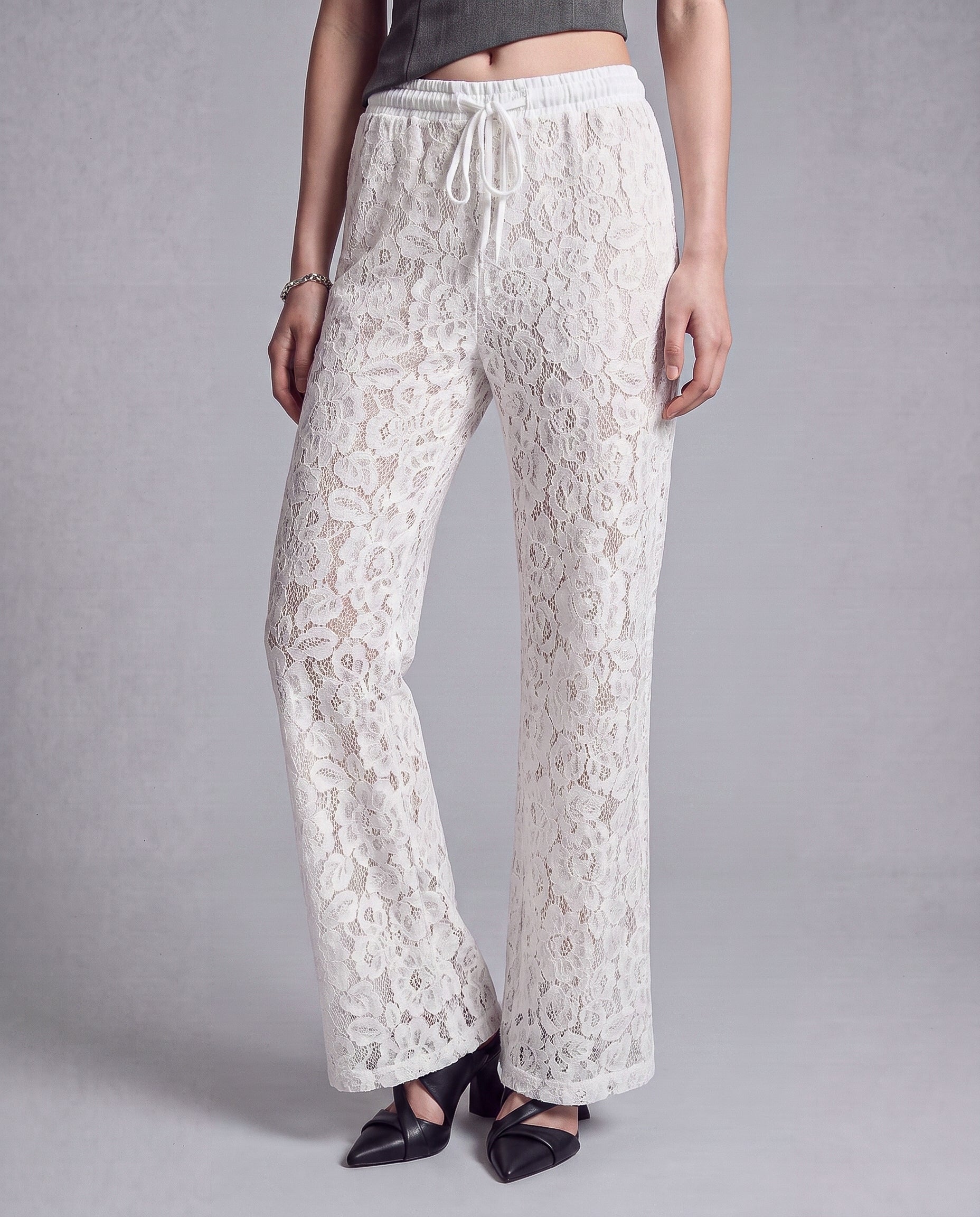 Sheer Floral Lace Wide Leg Pants with Drawstring Waist