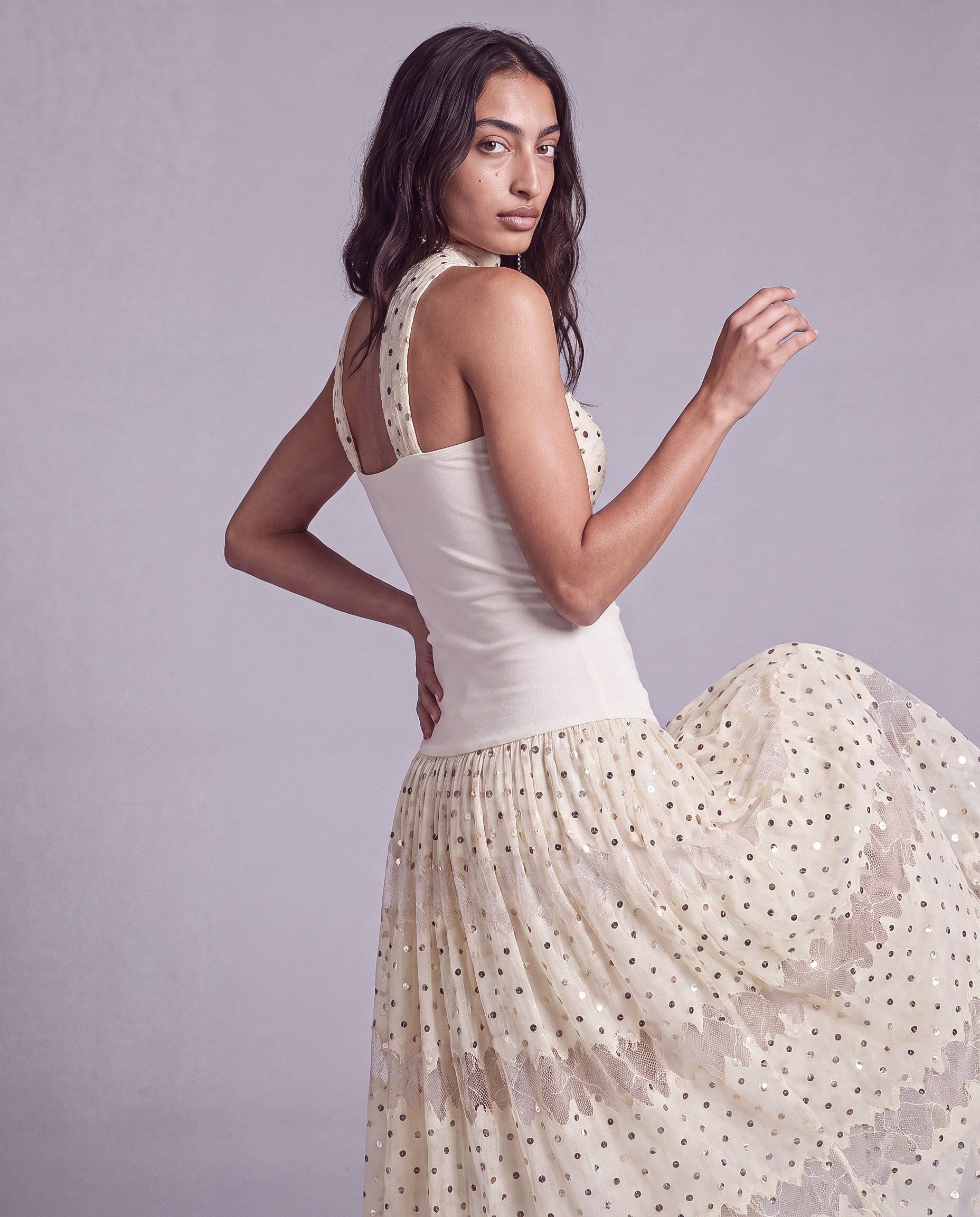 Polka Dot Lace Halter Maxi Dress with Neck Scarf