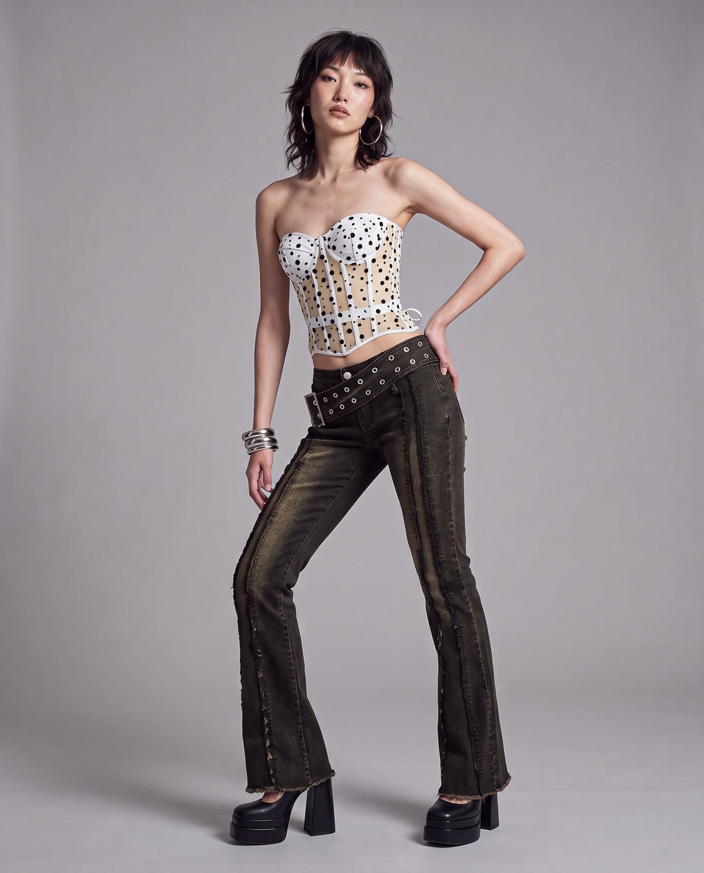Polka Dot Sheer Mesh Corset Top with Lace-Up Back