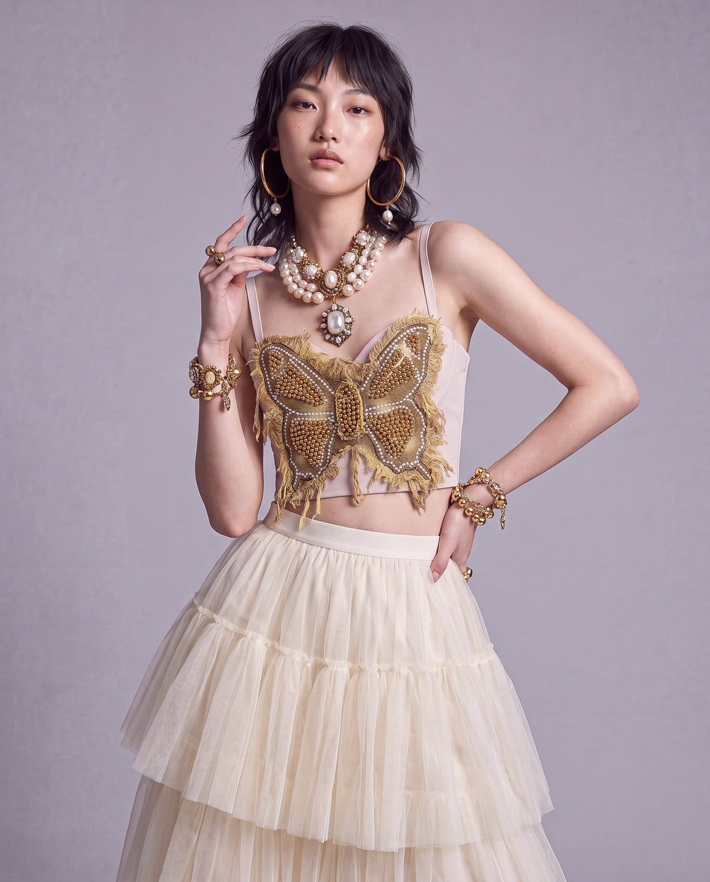 Embellished Butterfly Corset Top with Beaded Appliqué and Frayed Trim