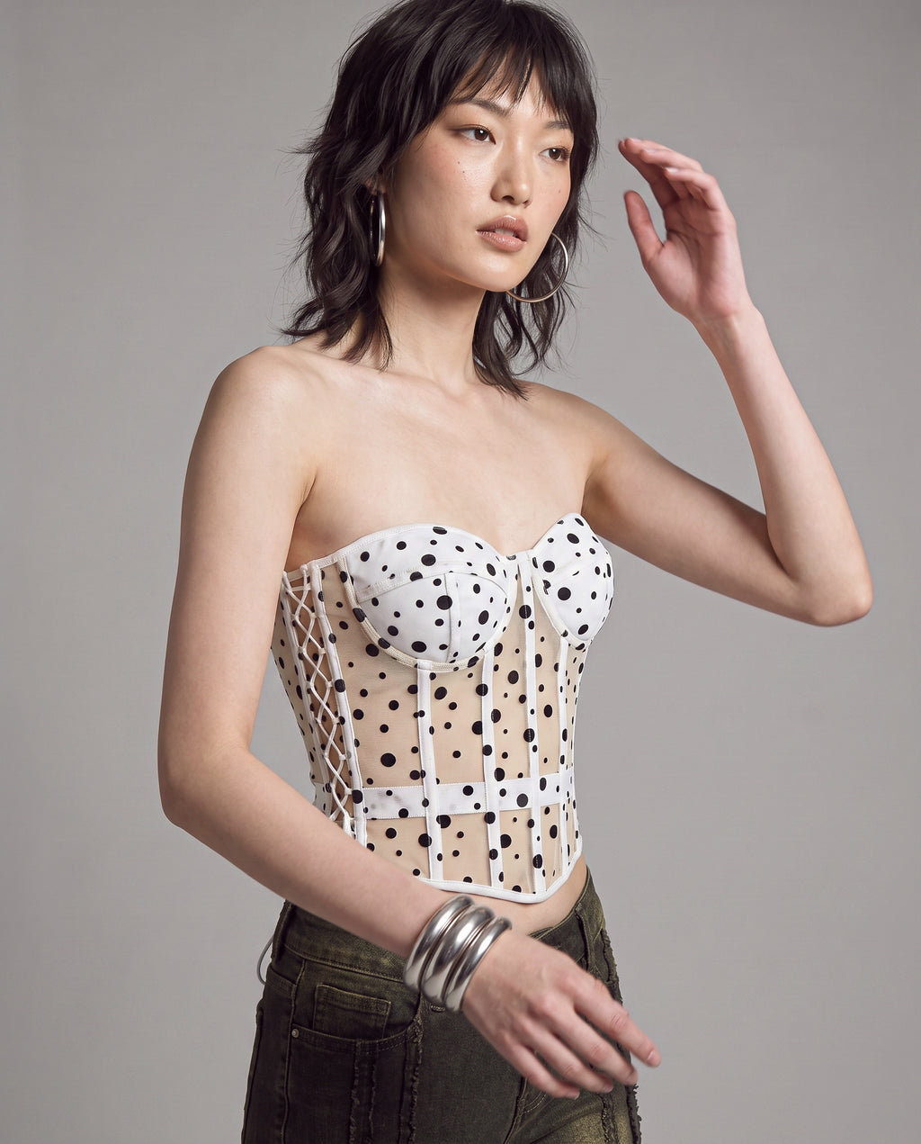 Polka Dot Sheer Mesh Corset Top with Lace-Up Back