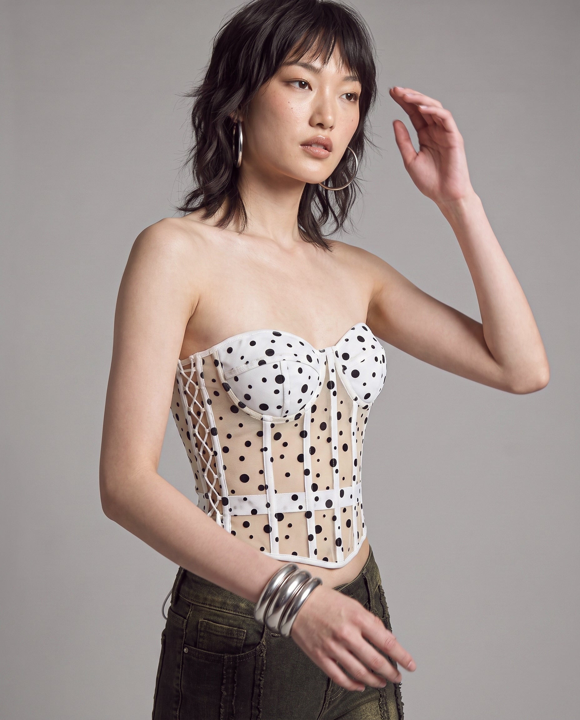 Polka Dot Sheer Mesh Corset Top with Lace-Up Back