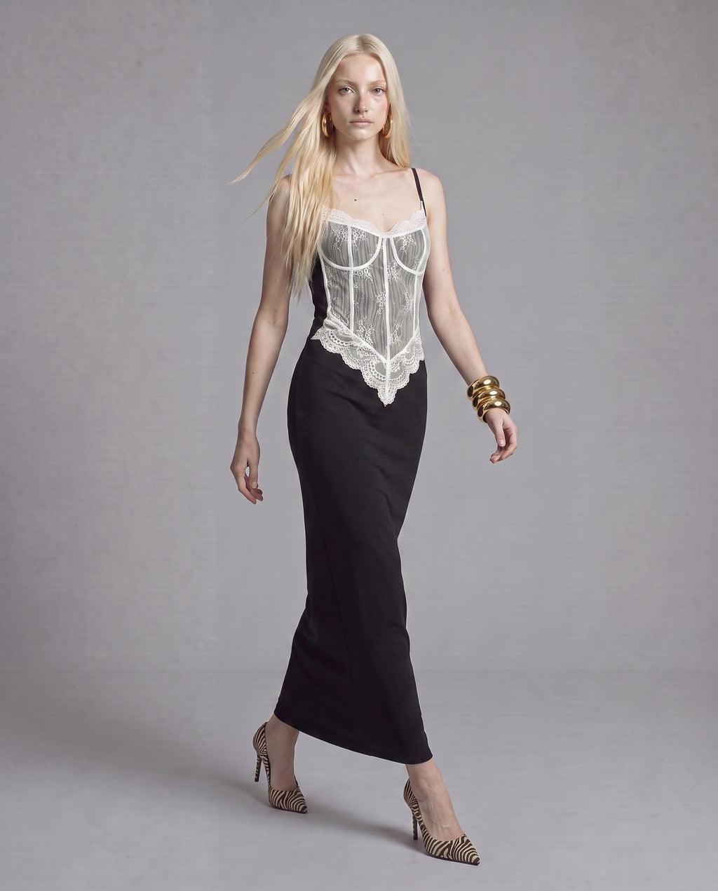 Lace Corset Slip Maxi Dress with Contrast Bustier Overlay