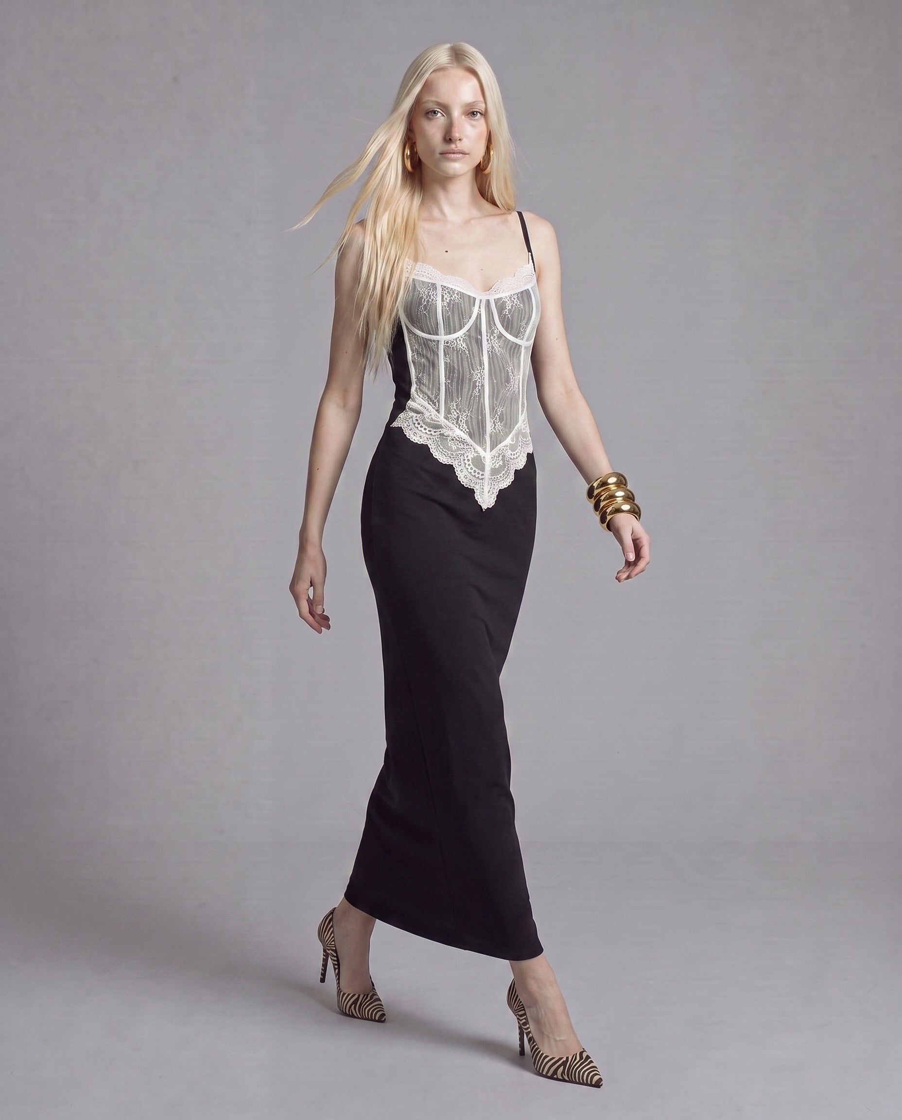 Lace Corset Slip Maxi Dress with Contrast Bustier Overlay