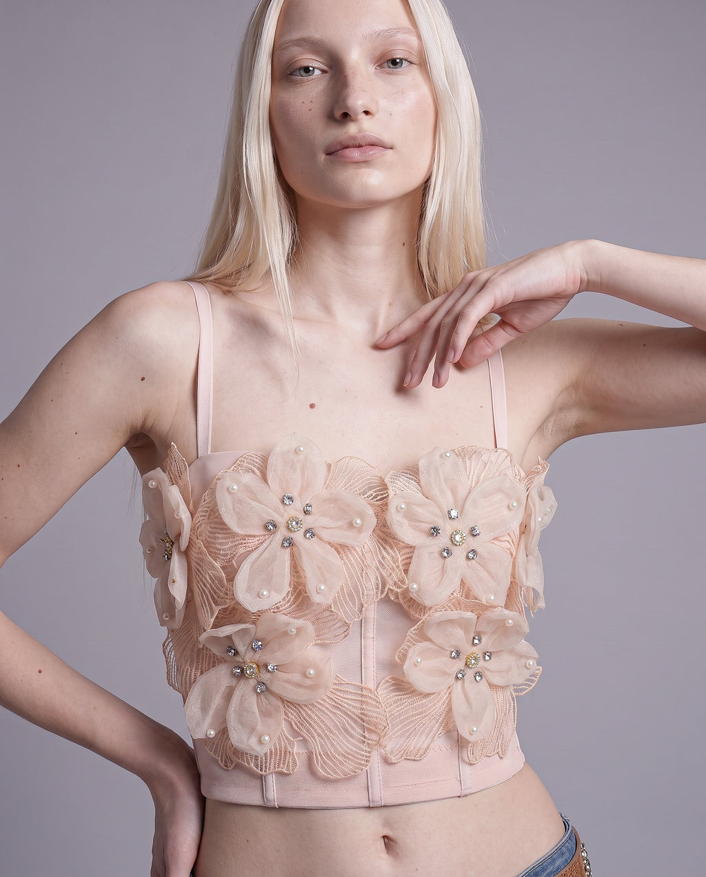 3D Floral Appliqué Corset Top with Beaded Embellishment