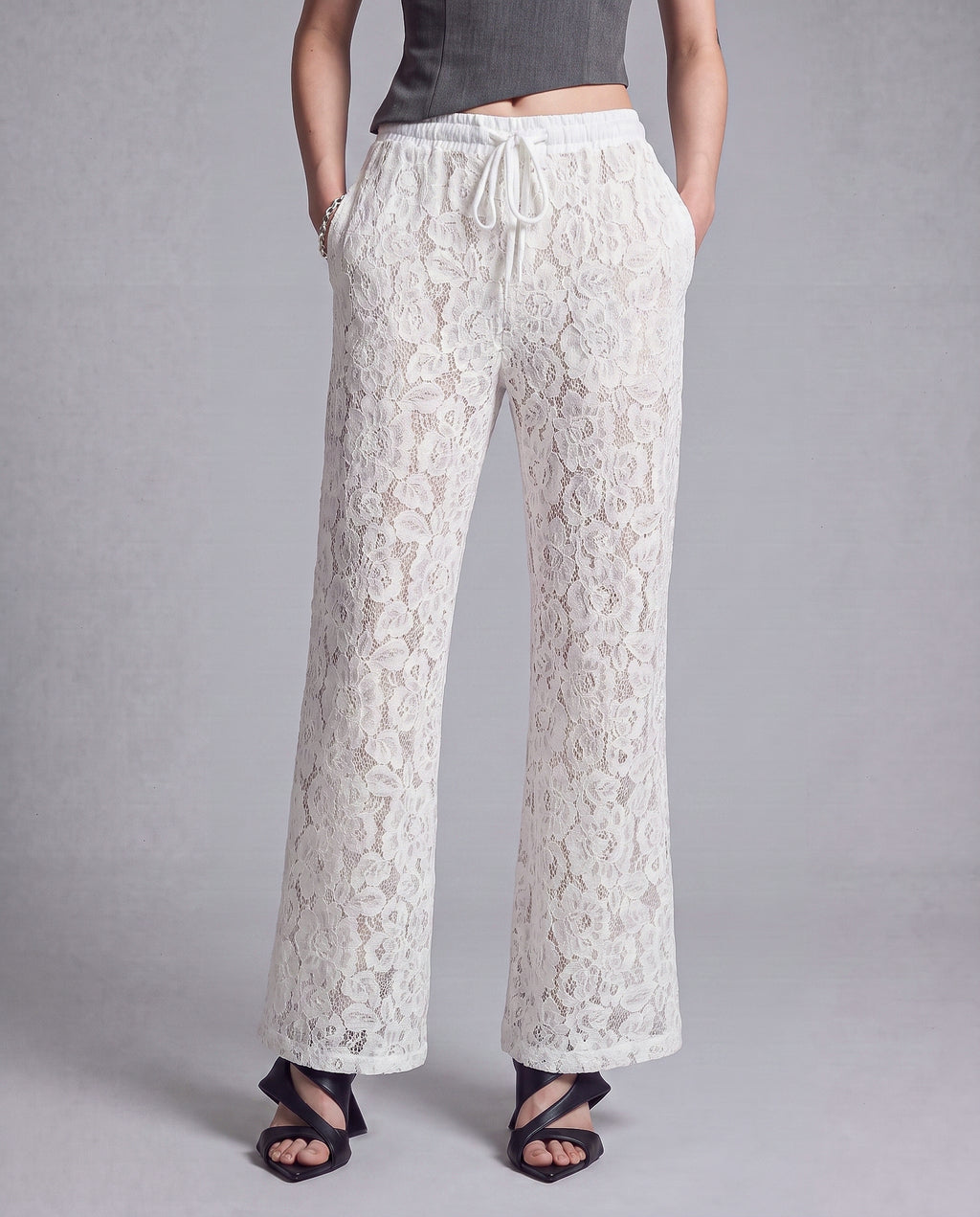 Sheer Floral Lace Wide Leg Pants with Drawstring Waist