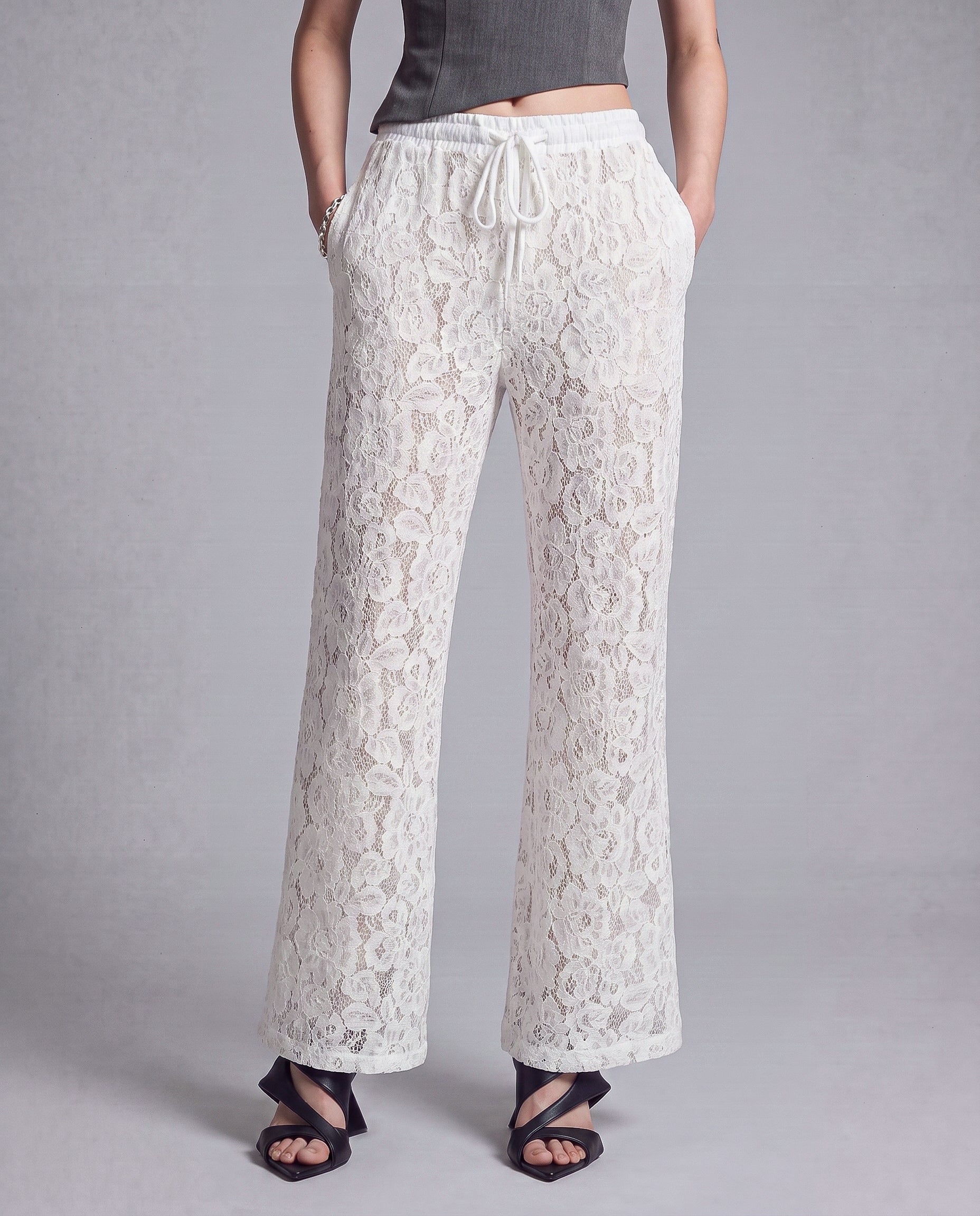 Sheer Floral Lace Wide Leg Pants with Drawstring Waist