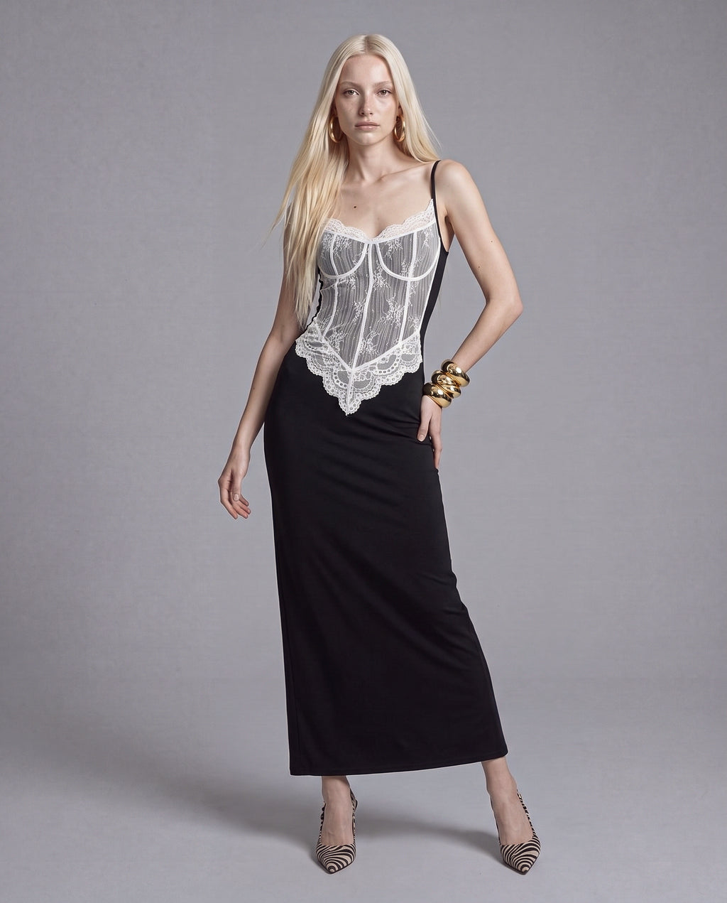 Lace Corset Slip Maxi Dress with Contrast Bustier Overlay