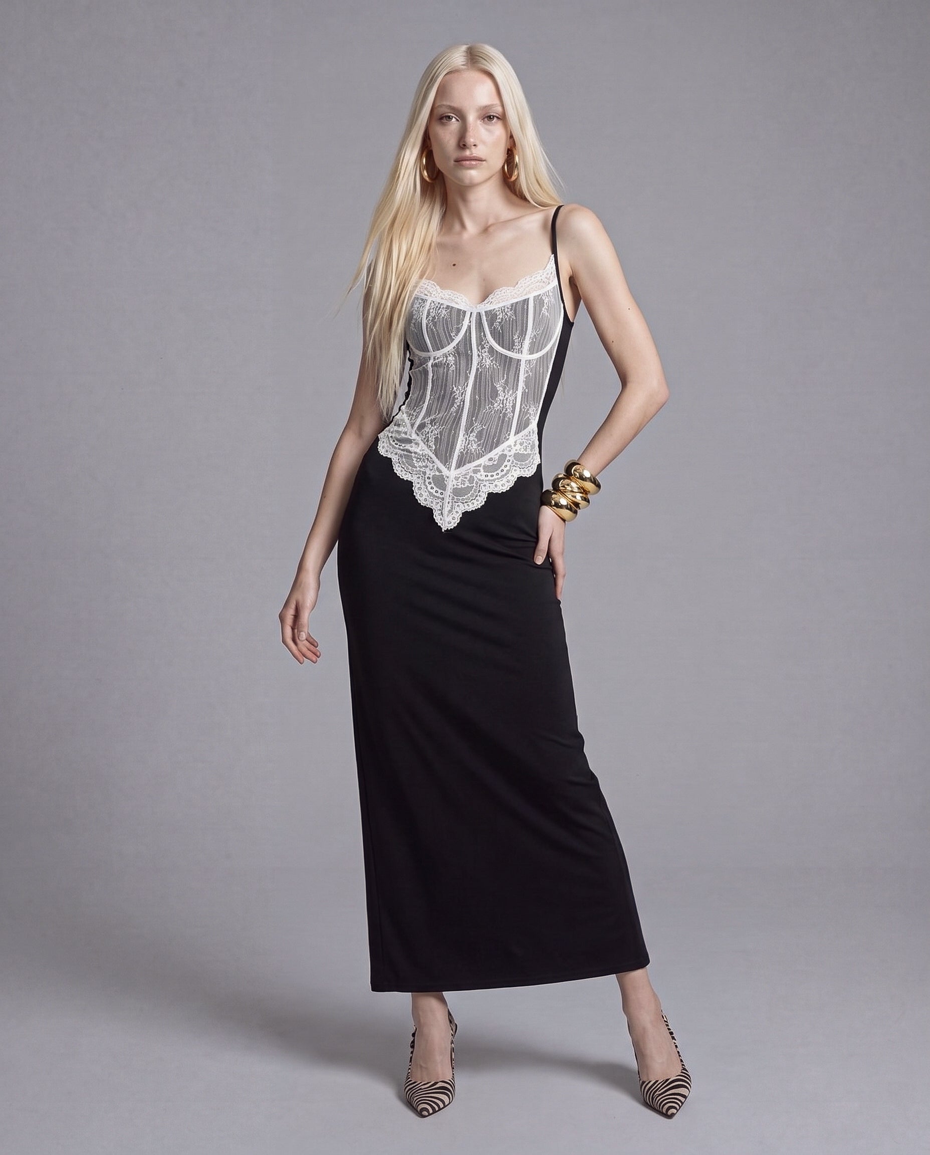 Lace Corset Slip Maxi Dress with Contrast Bustier Overlay