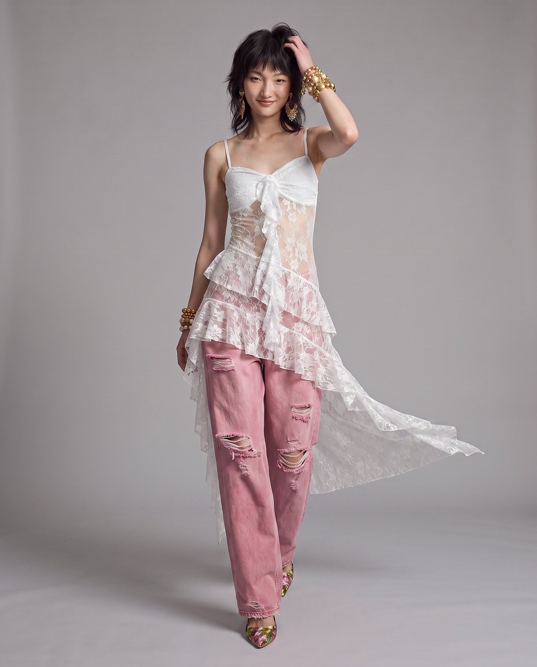 Sheer Floral Lace Camisole Top with Draped Ruffle Hem