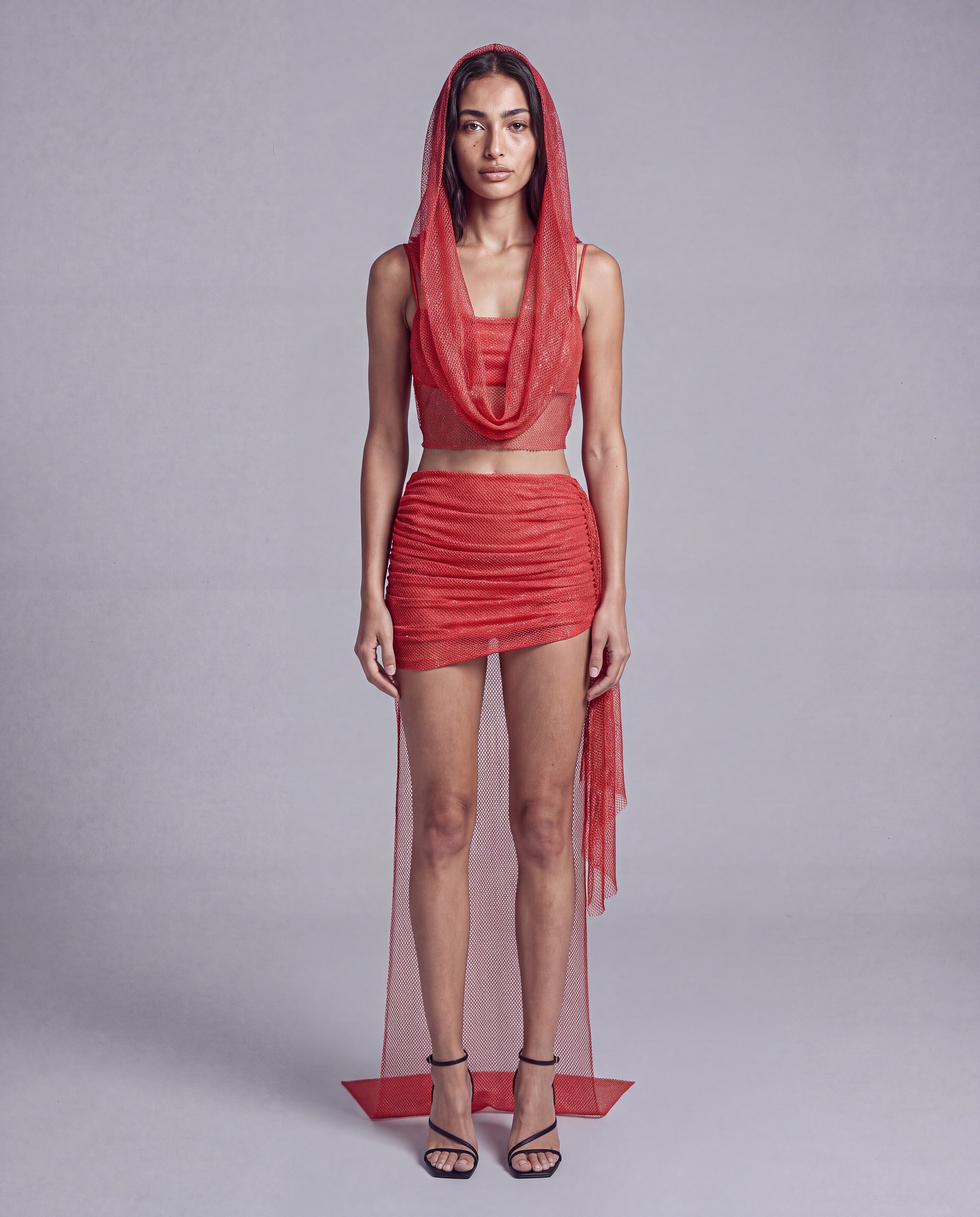 Rhinestone Mesh Hooded Crop Top and Wrap Mini Skirt 3-Piece Set