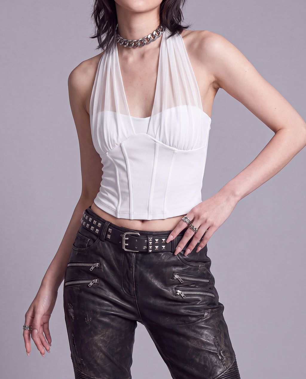 Sheer Draped Halter Corset Top with Structured Waist and Tie Back