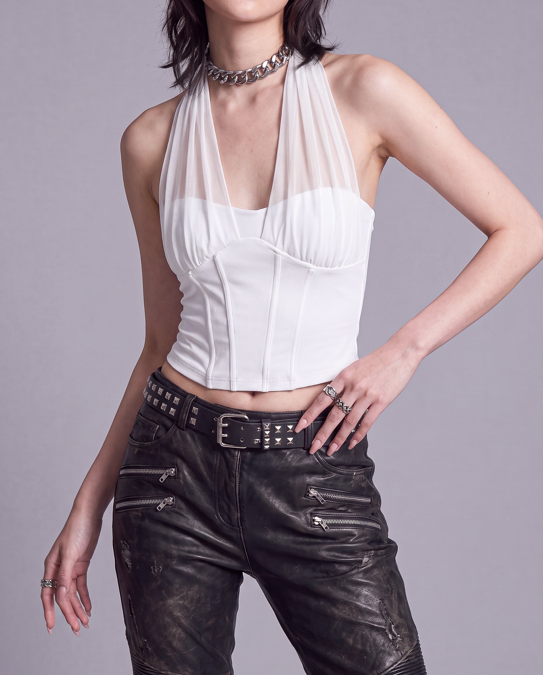 Sheer Draped Halter Corset Top with Structured Waist and Tie Back