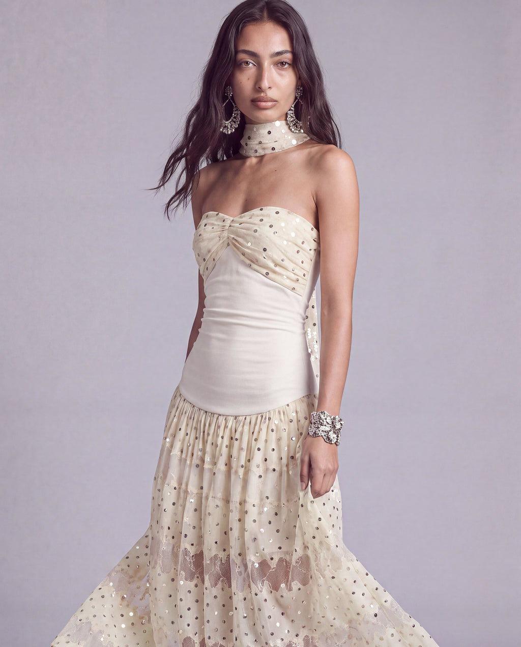 Polka Dot Lace Halter Maxi Dress with Neck Scarf