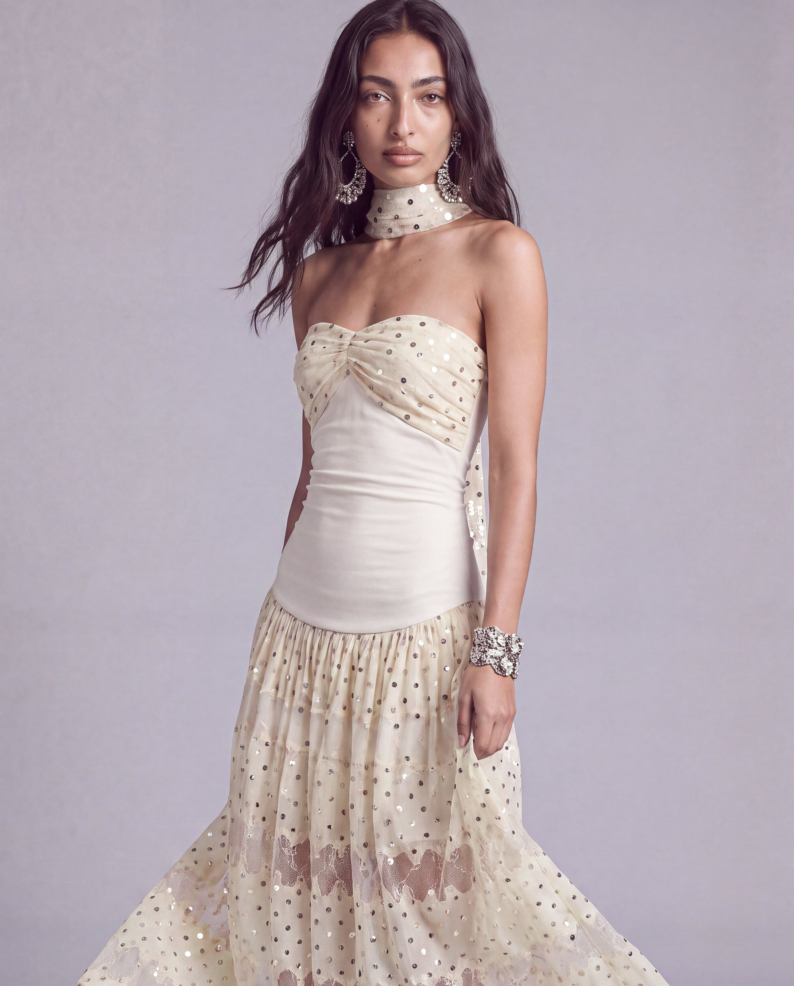Polka Dot Lace Halter Maxi Dress with Neck Scarf