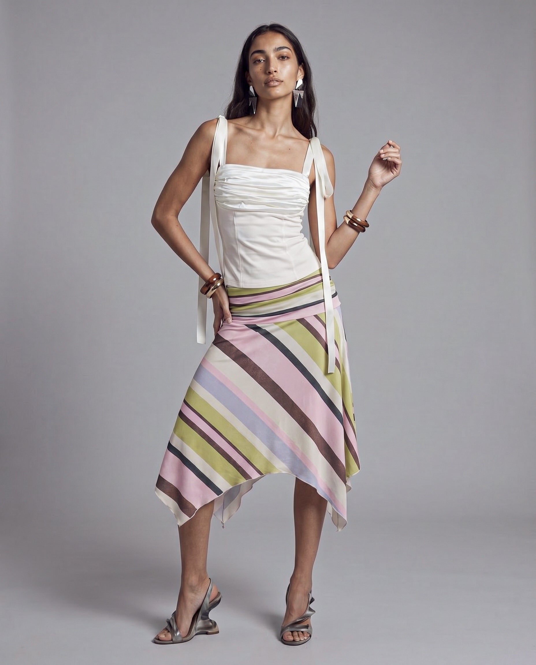 Satin Ruched Bust Top with Long Tie Shoulder Straps