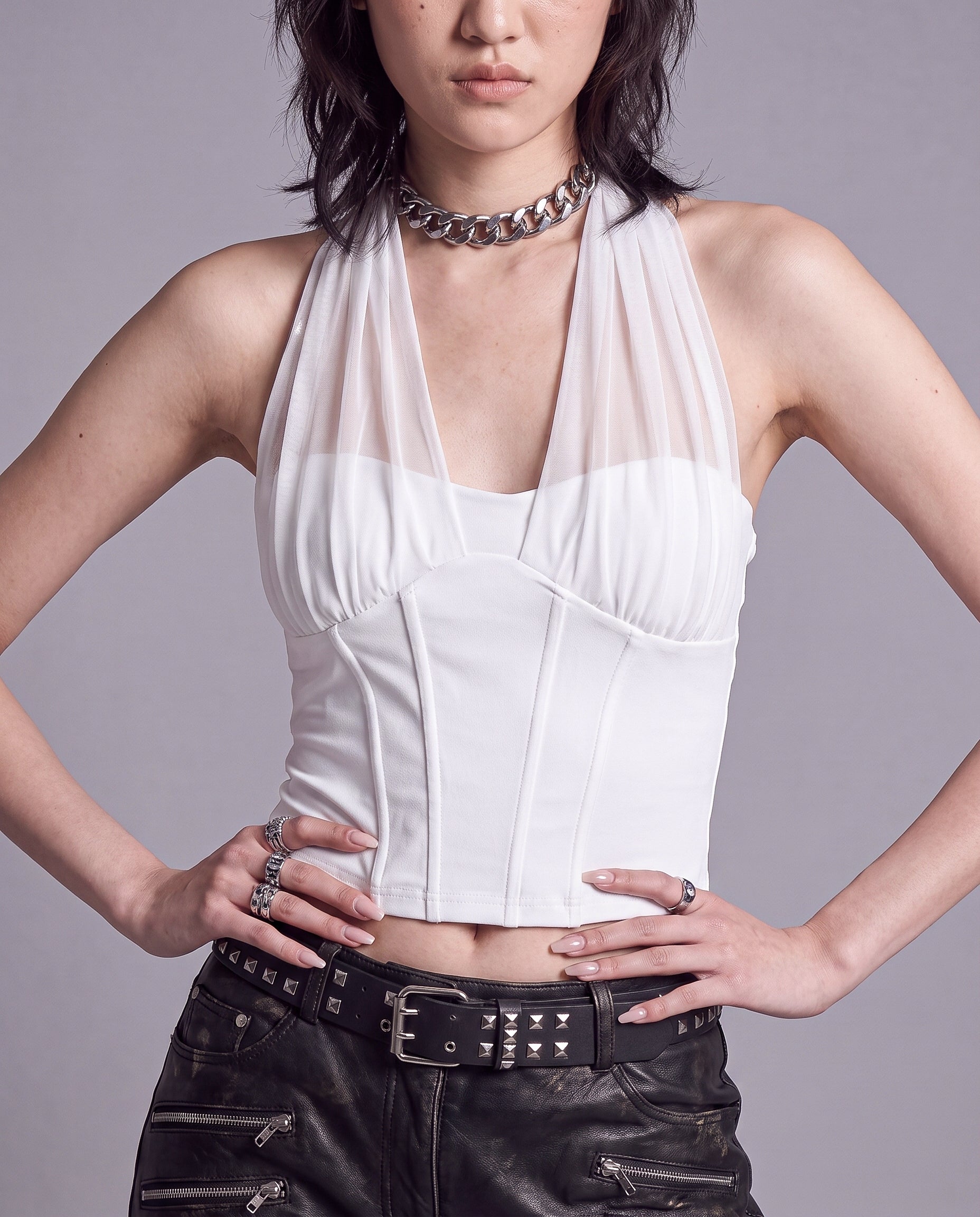 Sheer Draped Halter Corset Top with Structured Waist and Tie Back