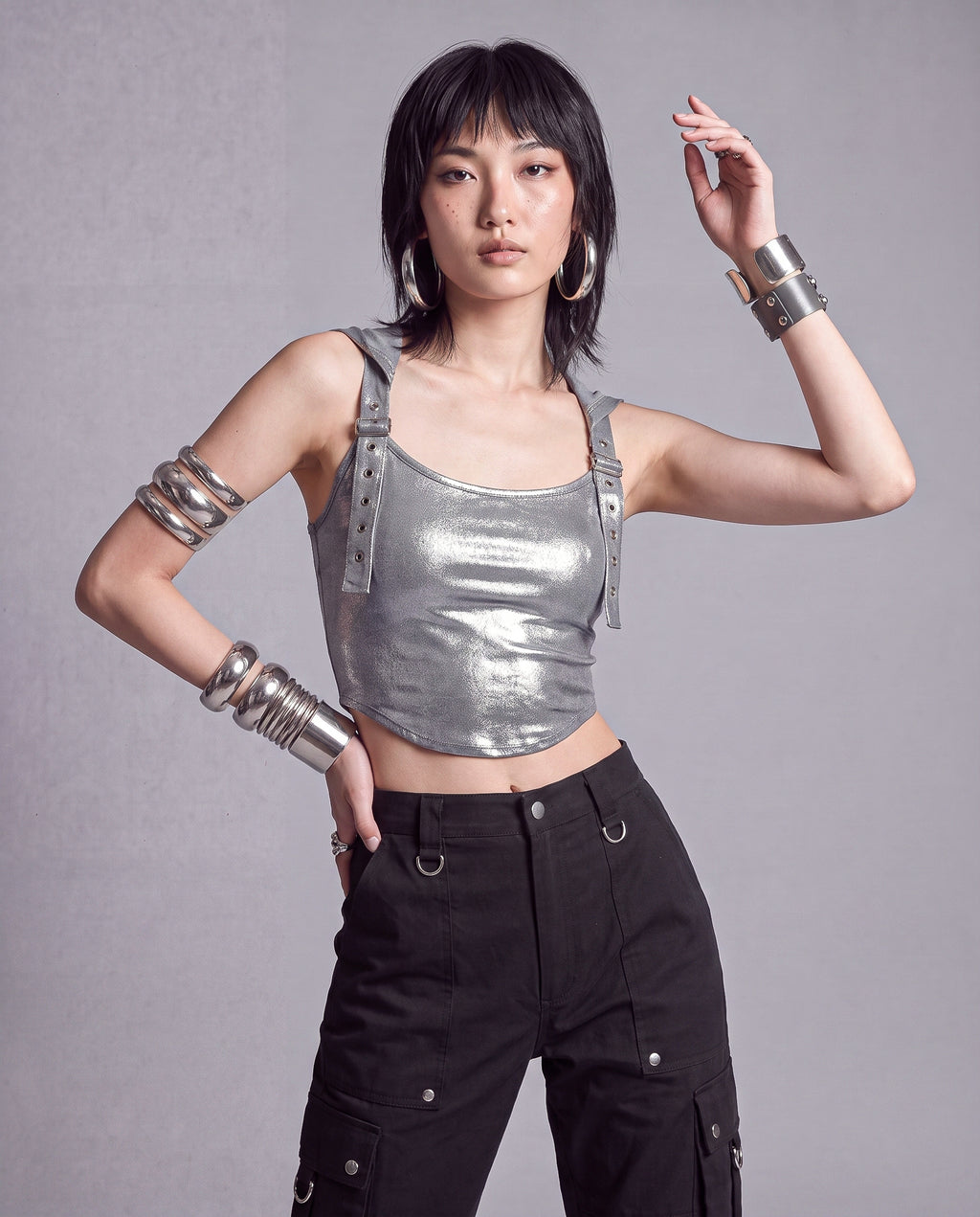 Metallic Hooded Crop Tank Top with Adjustable Buckled Straps