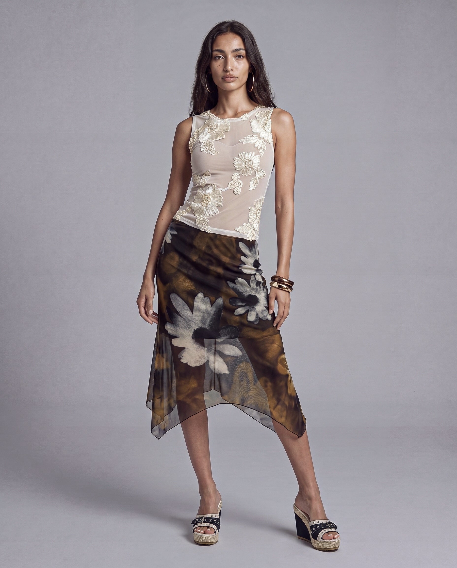 Sheer Mesh Tank Top with Raised Floral Embroidery
