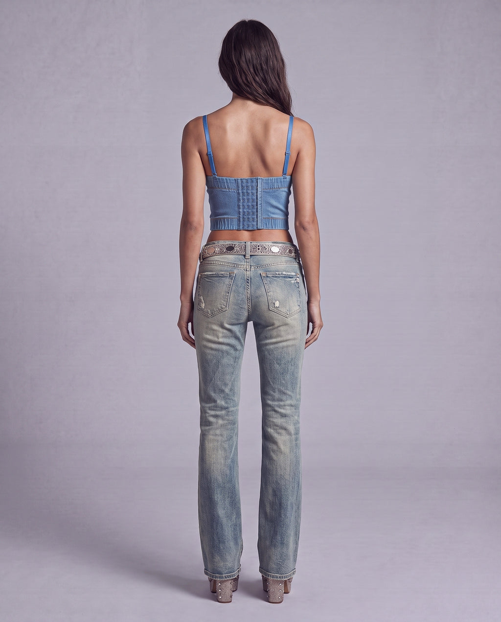 Beaded Butterfly Denim Corset Top with Frayed Appliqué