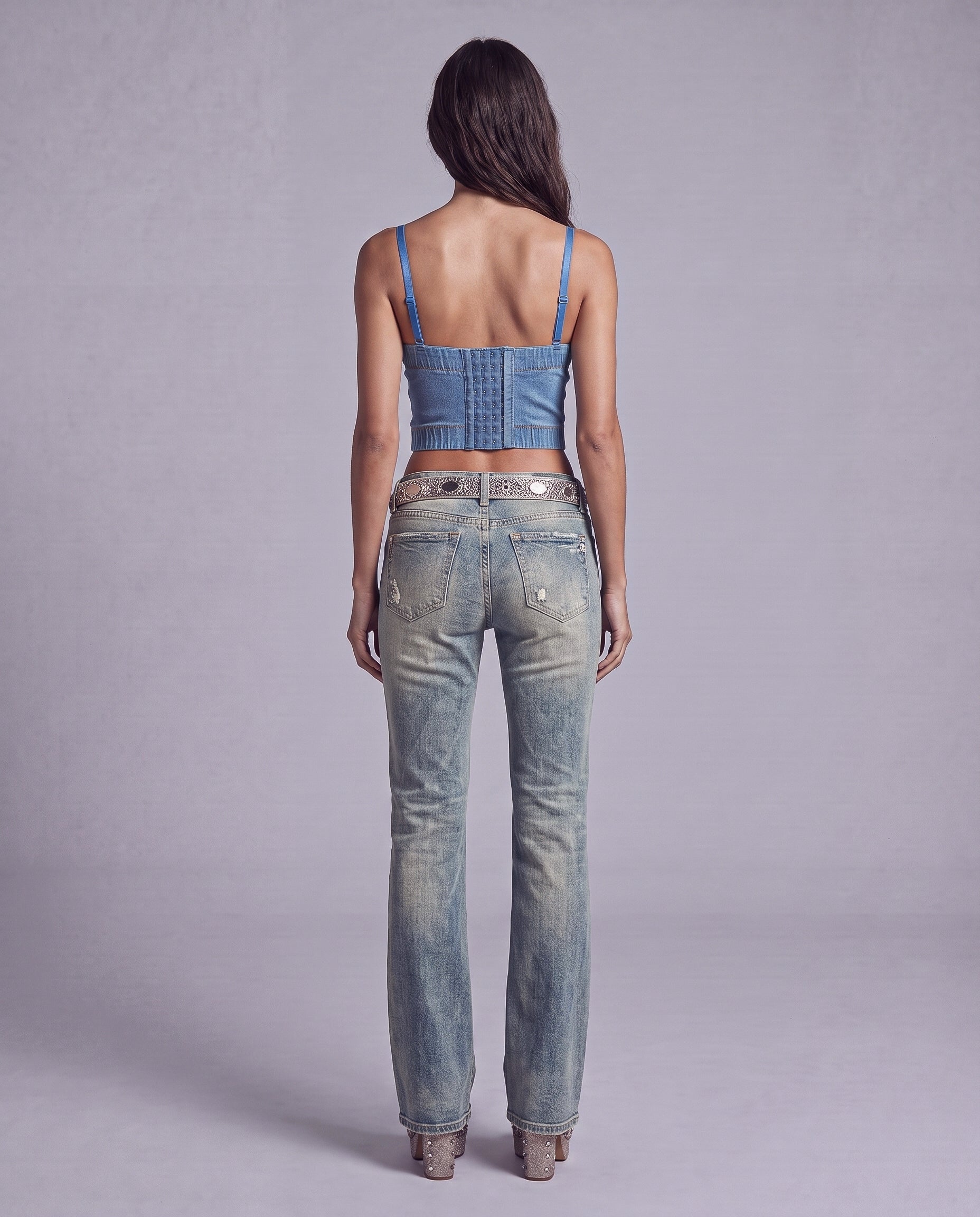 Beaded Butterfly Denim Corset Top with Frayed Appliqué