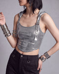 Metallic Hooded Crop Tank Top with Adjustable Buckled Straps