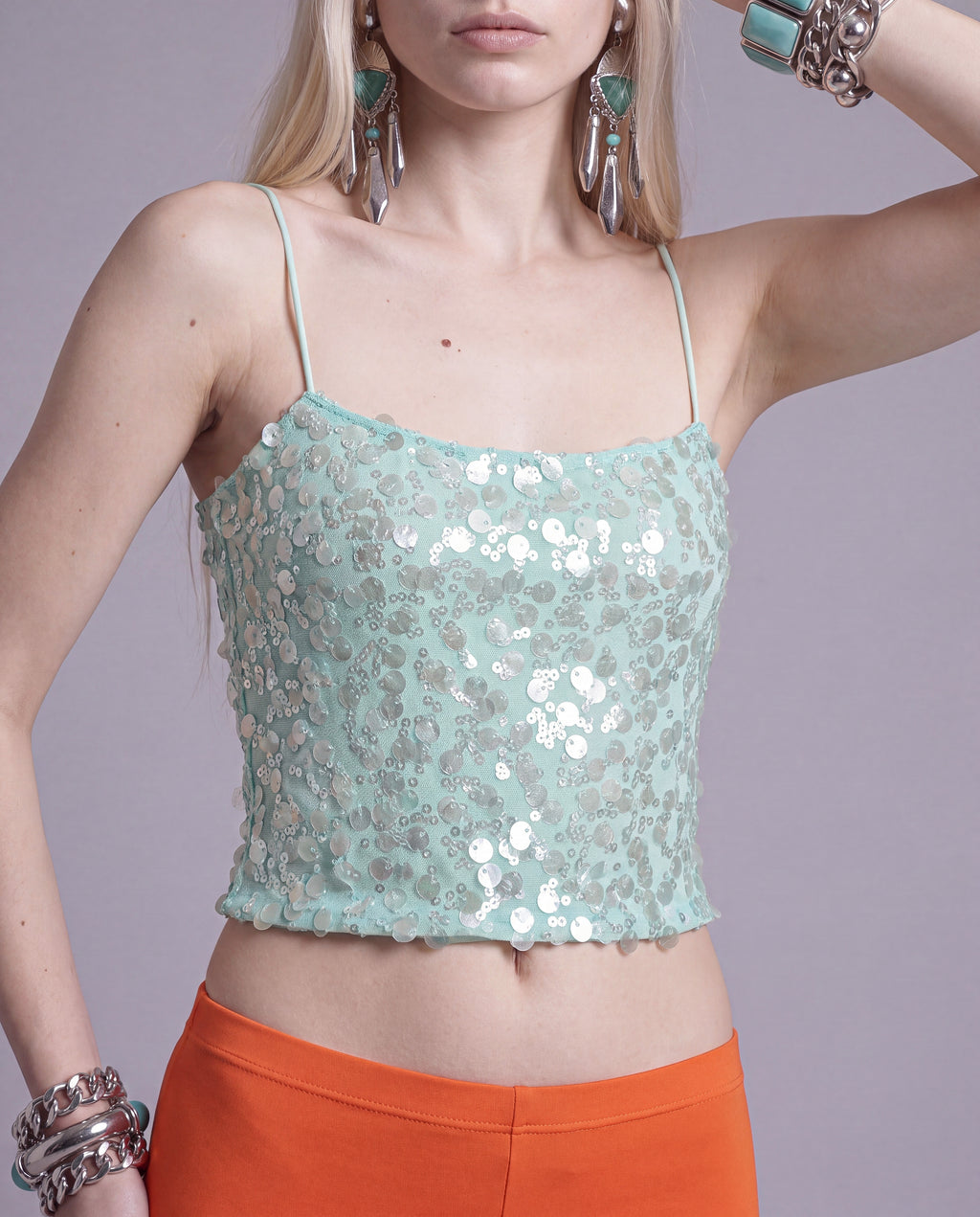 Sequin Mesh Camisole Top with Scoop Neck and Slim Straps
