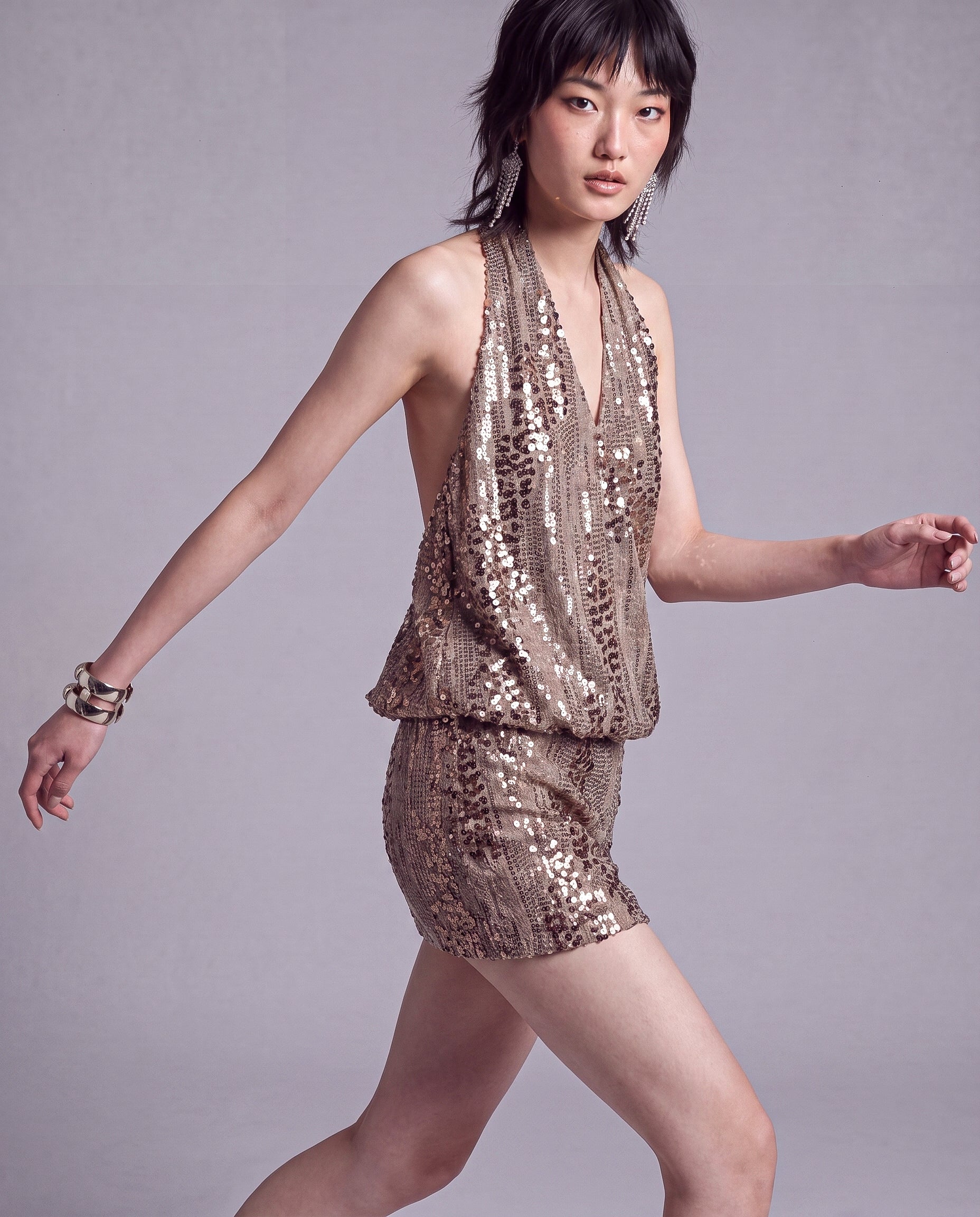 Sequined Halter Blouson Mini Dress with Open Back