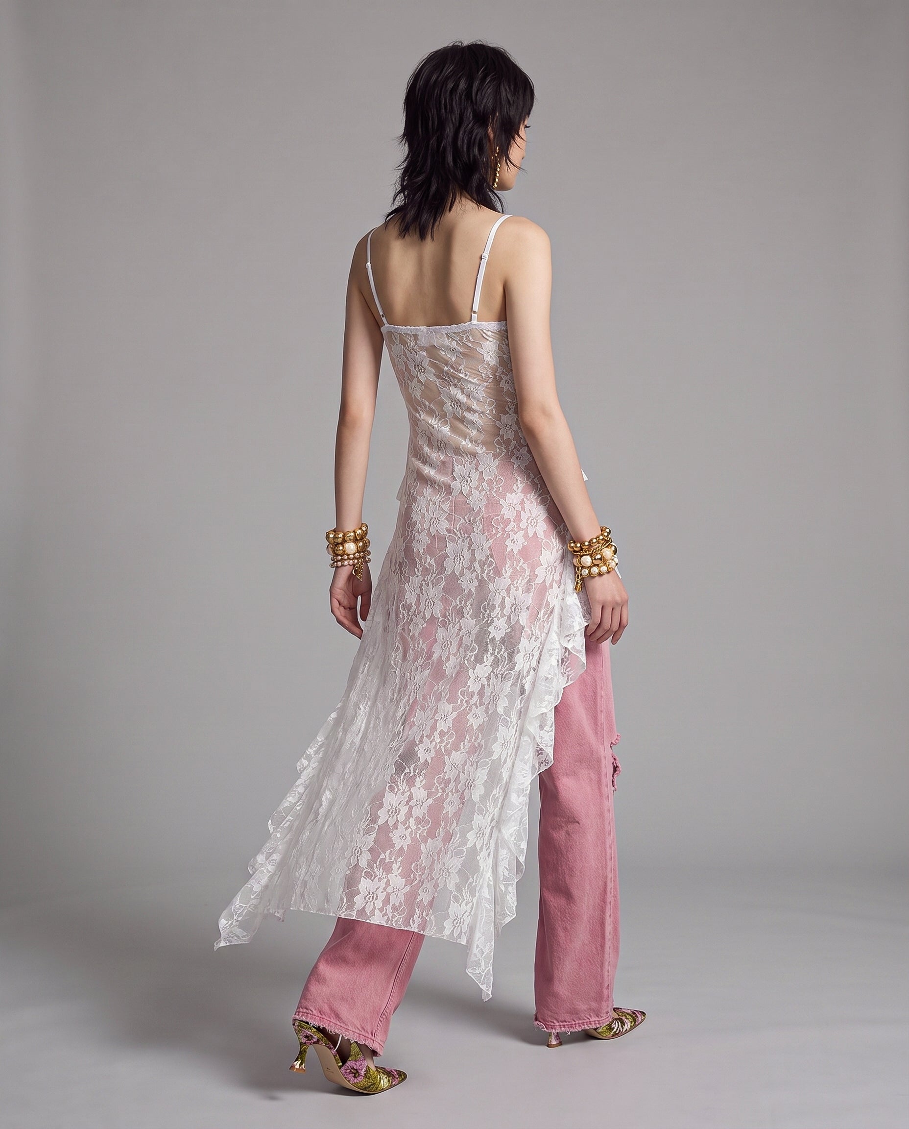 Sheer Floral Lace Camisole Top with Draped Ruffle Hem