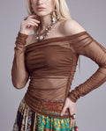 Off-Shoulder Ruched Mesh Long Sleeve Top with Cutout Detail
