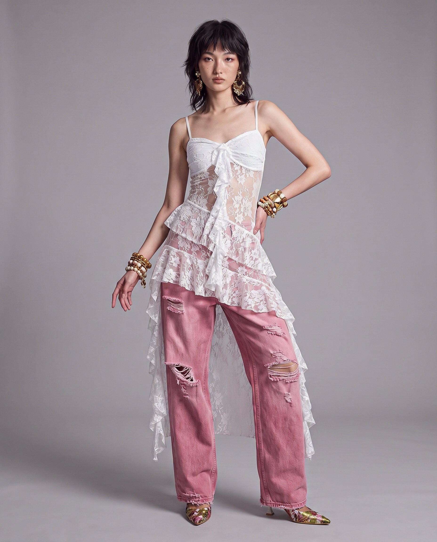 Sheer Floral Lace Camisole Top with Draped Ruffle Hem