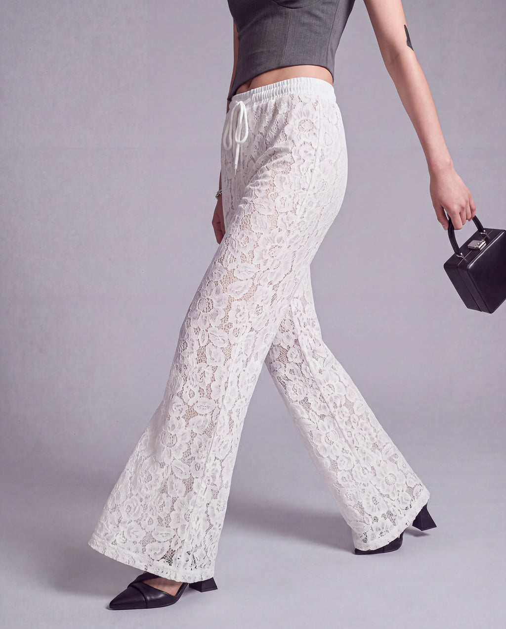 Sheer Floral Lace Wide Leg Pants with Drawstring Waist