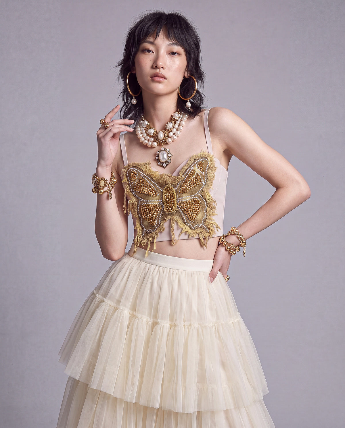 Embellished Butterfly Corset Top with Beaded Appliqué and Frayed Trim