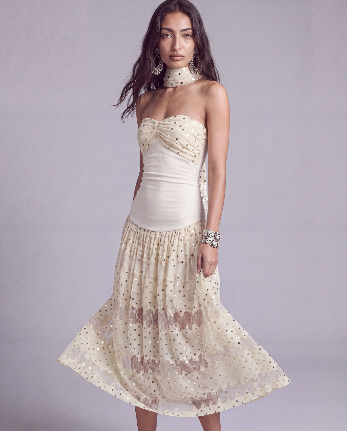 Polka Dot Lace Halter Maxi Dress with Neck Scarf