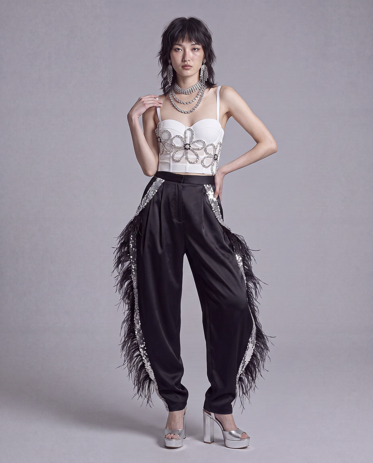 Crystal Floral Appliqué Corset Top with Sheer Mesh Back