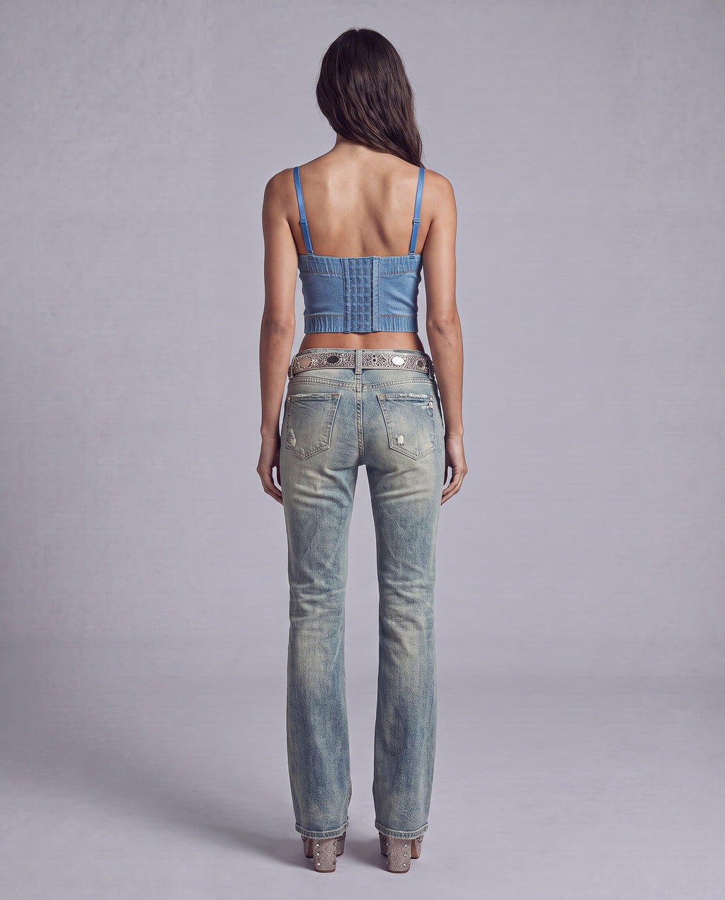 Beaded Butterfly Denim Corset Top with Frayed Appliqué