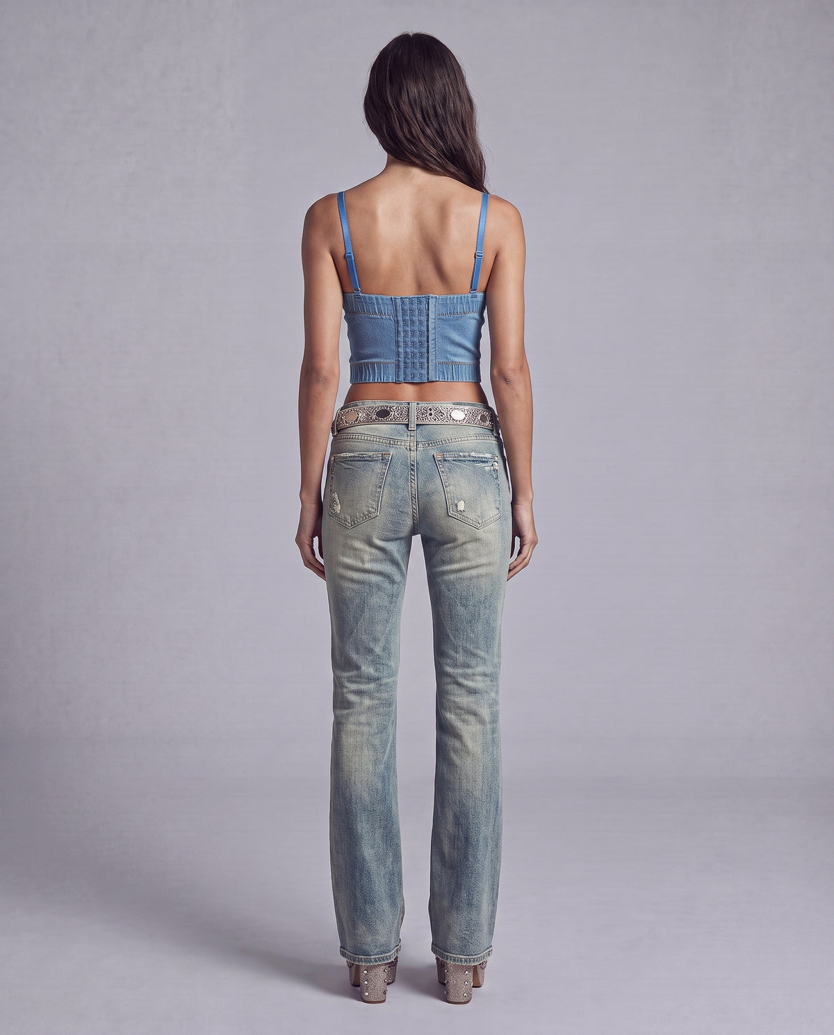 Beaded Butterfly Denim Corset Top with Frayed Appliqué