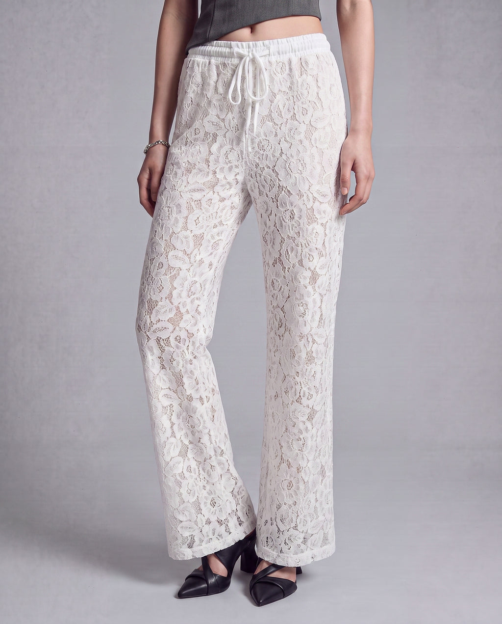 Sheer Floral Lace Wide Leg Pants with Drawstring Waist