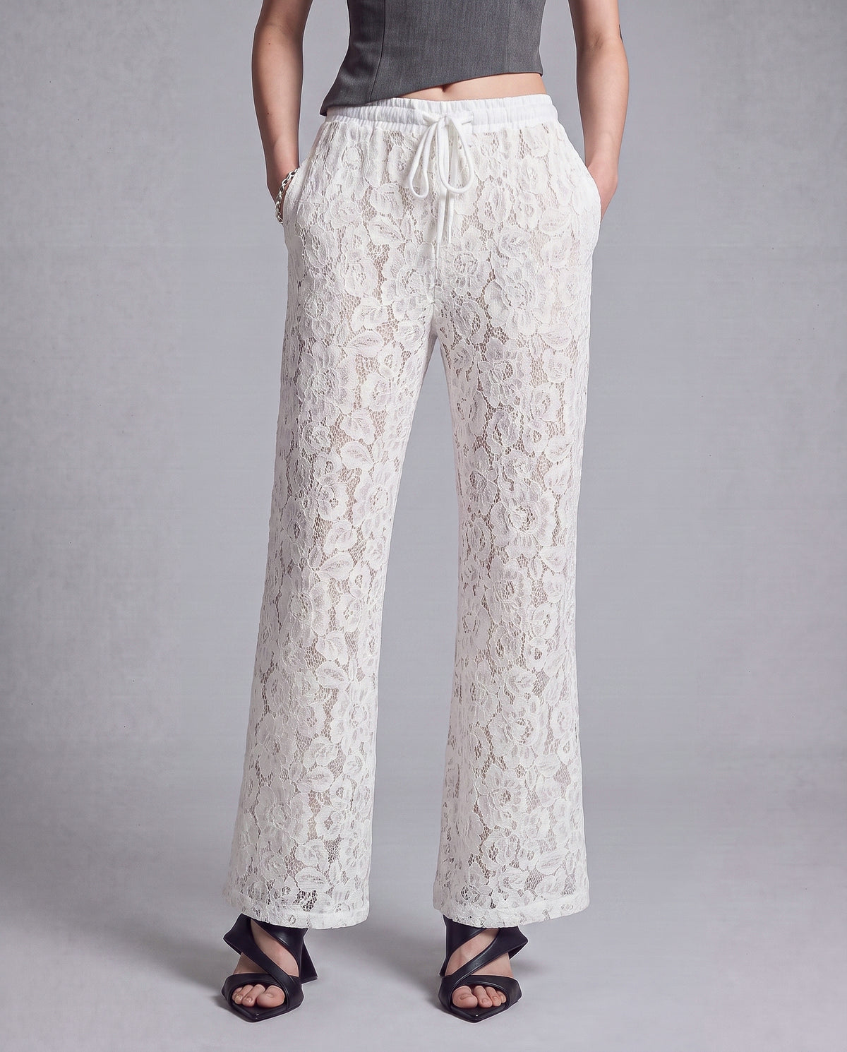 Sheer Floral Lace Wide Leg Pants with Drawstring Waist