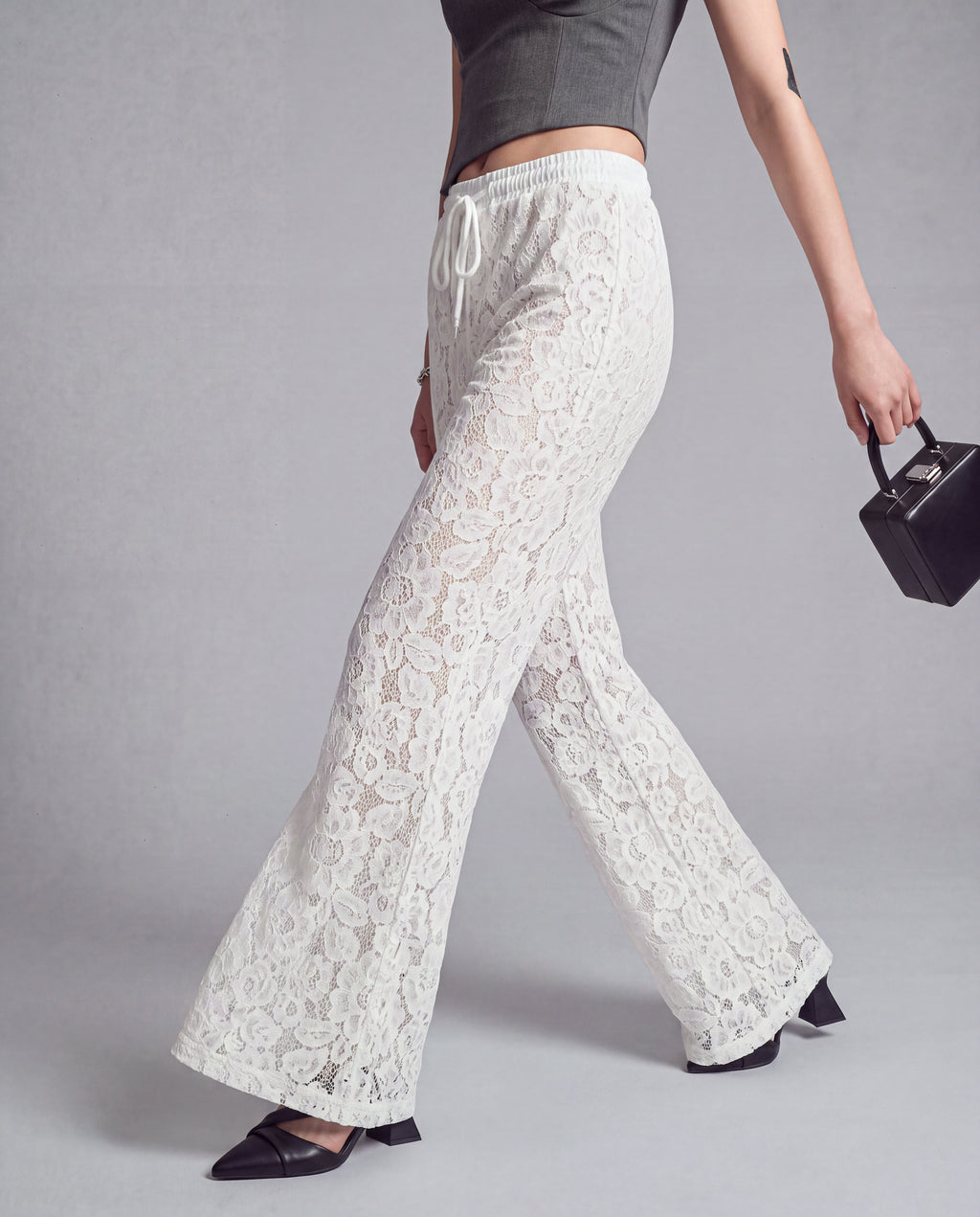 Sheer Floral Lace Wide Leg Pants with Drawstring Waist