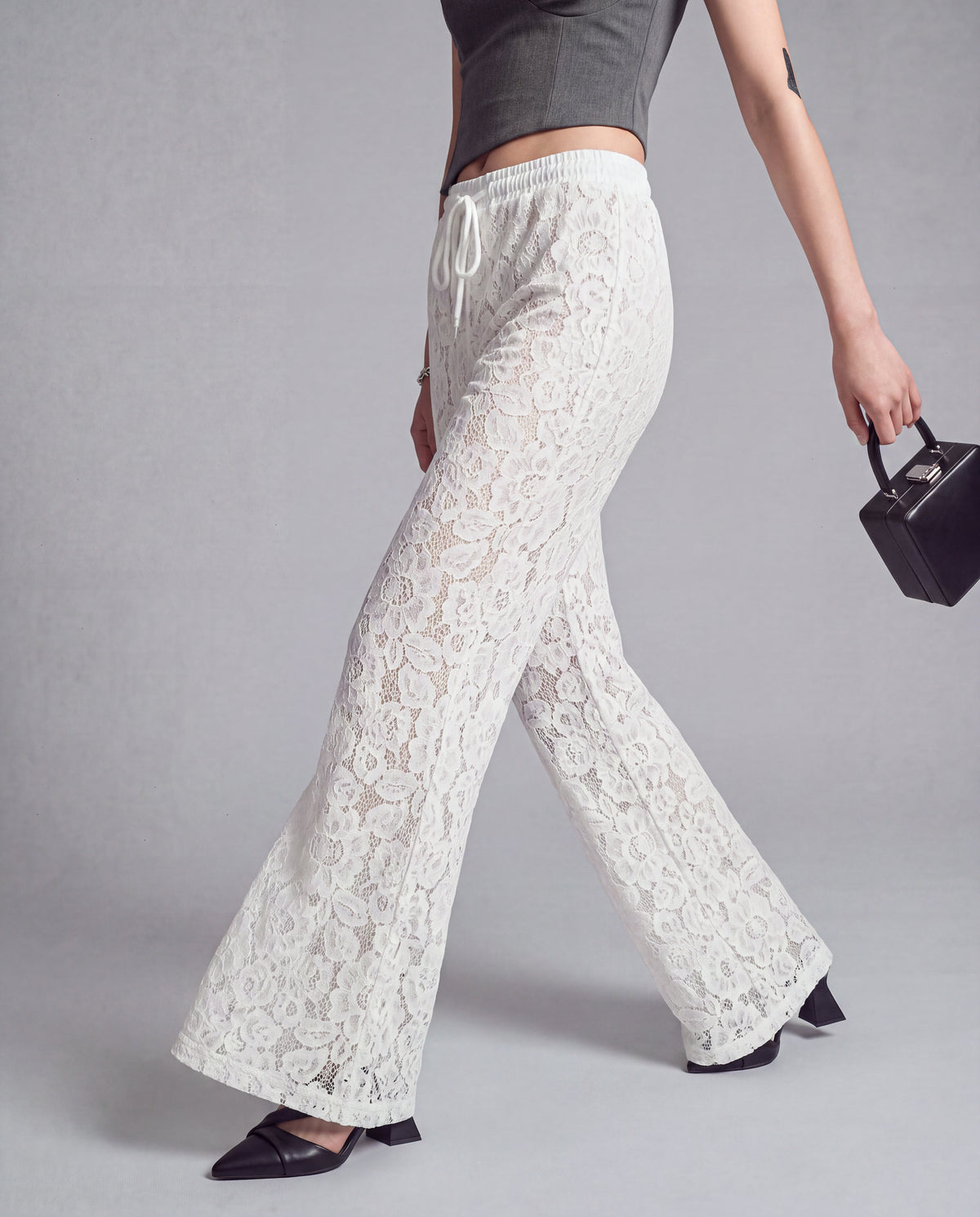 Sheer Floral Lace Wide Leg Pants with Drawstring Waist