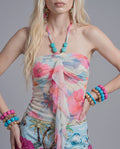 Floral Print Halter Top with Beaded Neckline and Draped Front