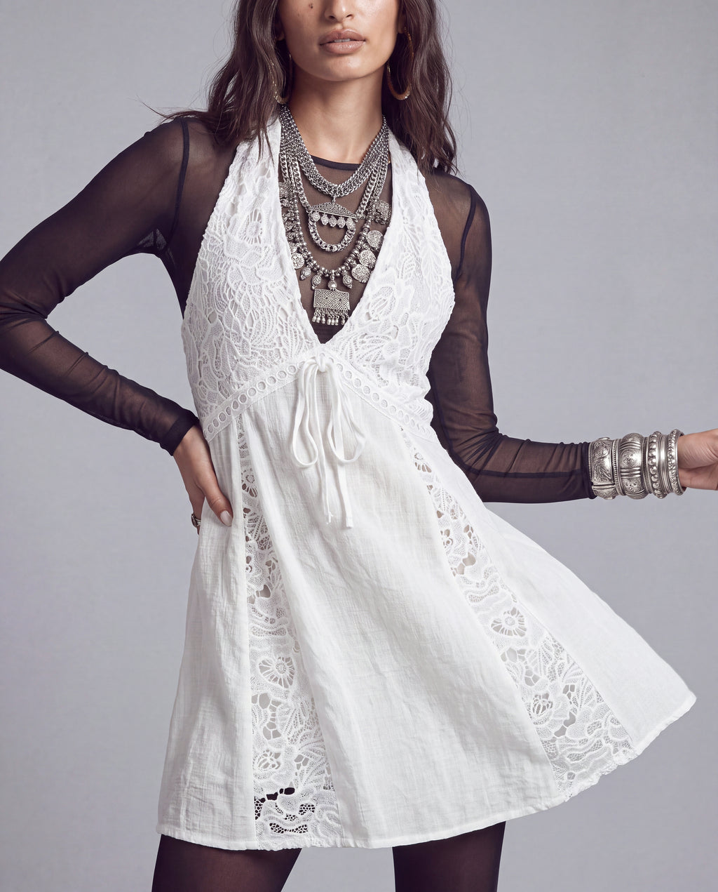 Lace Panel Halter Mini Dress with Plunging V Neckline and Tie Front