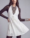 Lace Panel Halter Mini Dress with Plunging V Neckline and Tie Front
