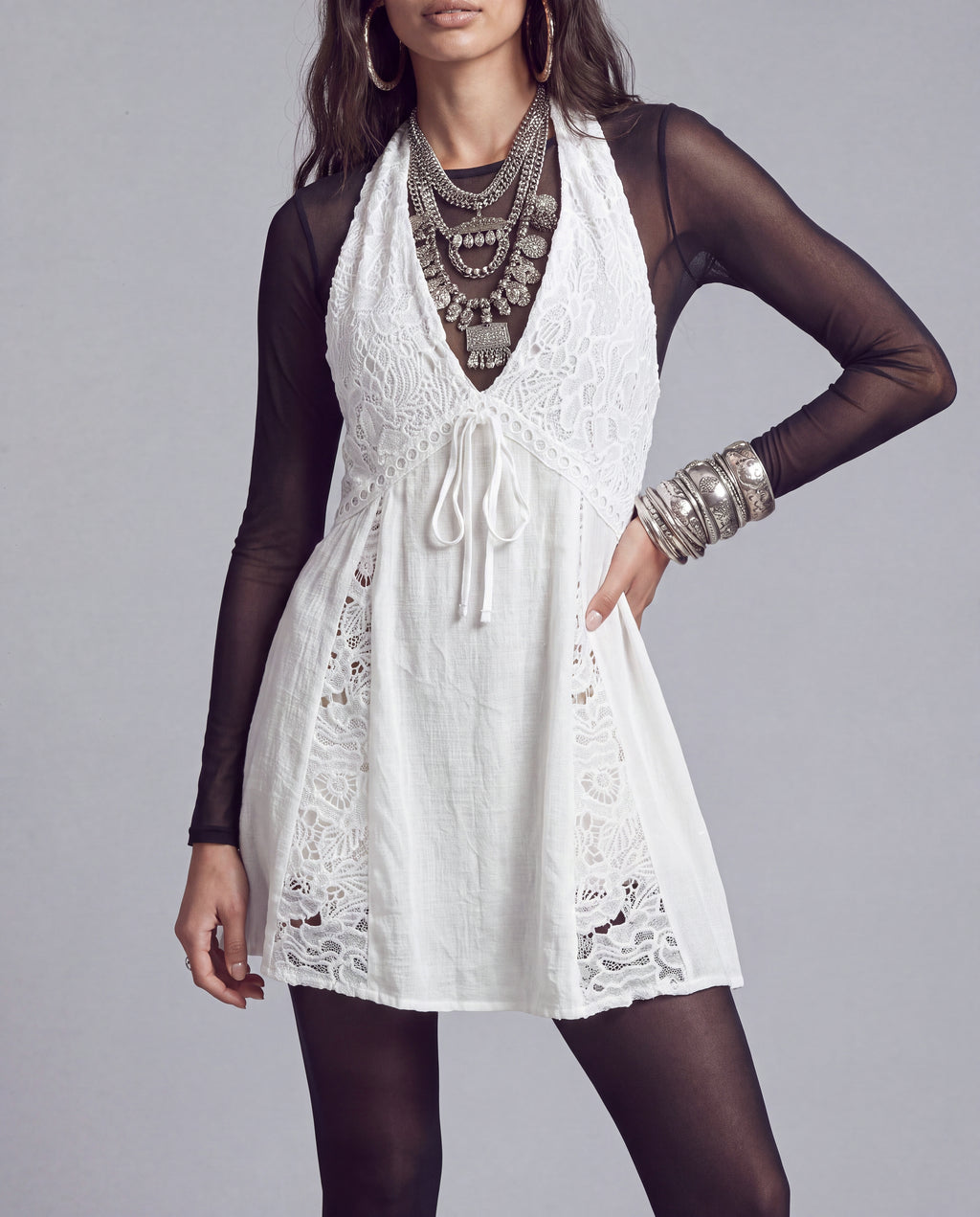 Lace Panel Halter Mini Dress with Plunging V Neckline and Tie Front