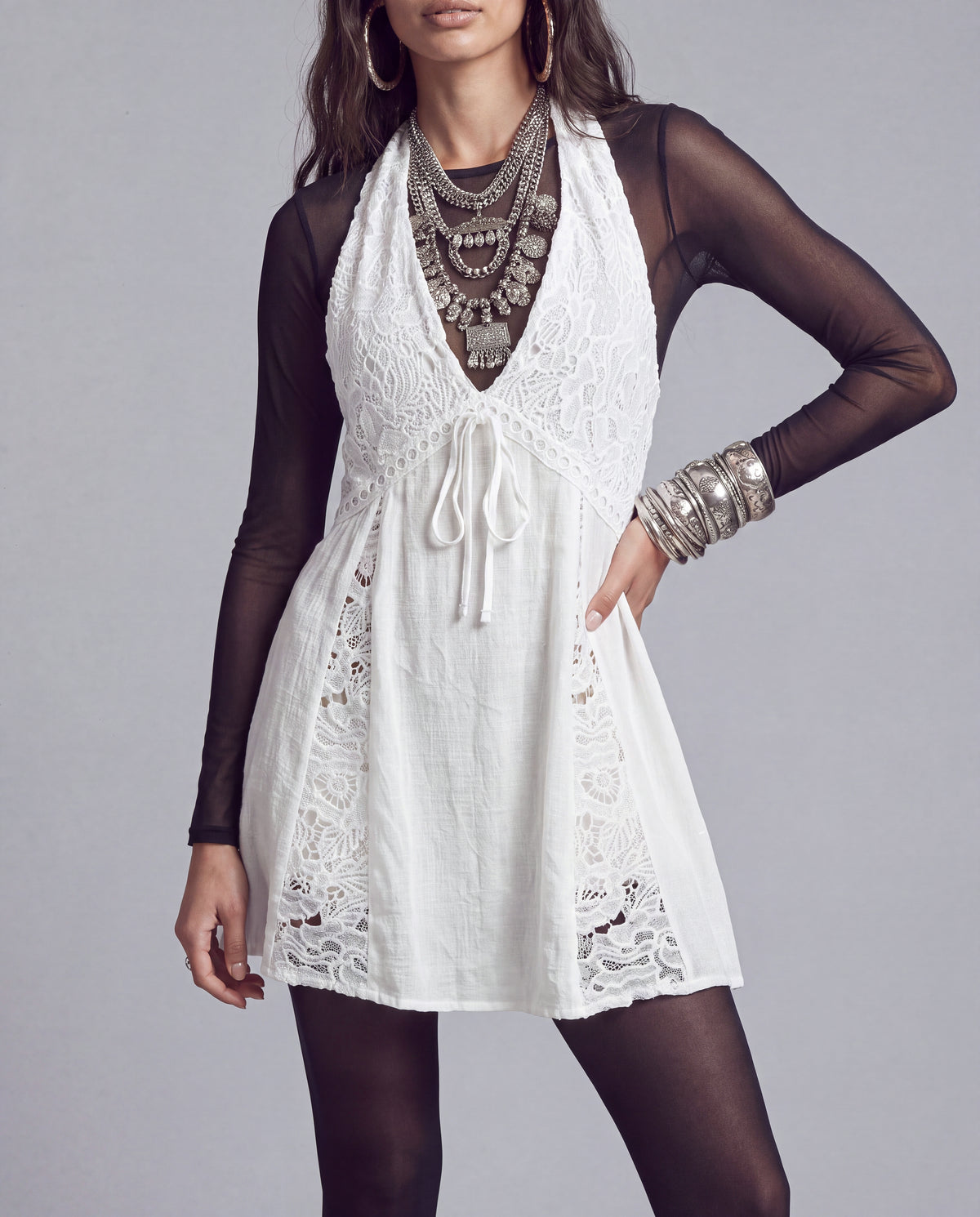 Lace Panel Halter Mini Dress with Plunging V Neckline and Tie Front