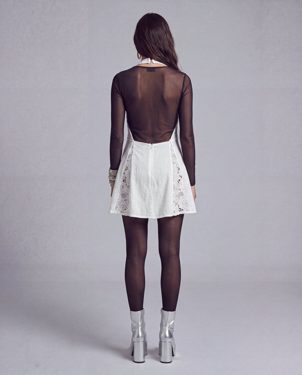 Lace Panel Halter Mini Dress with Plunging V Neckline and Tie Front