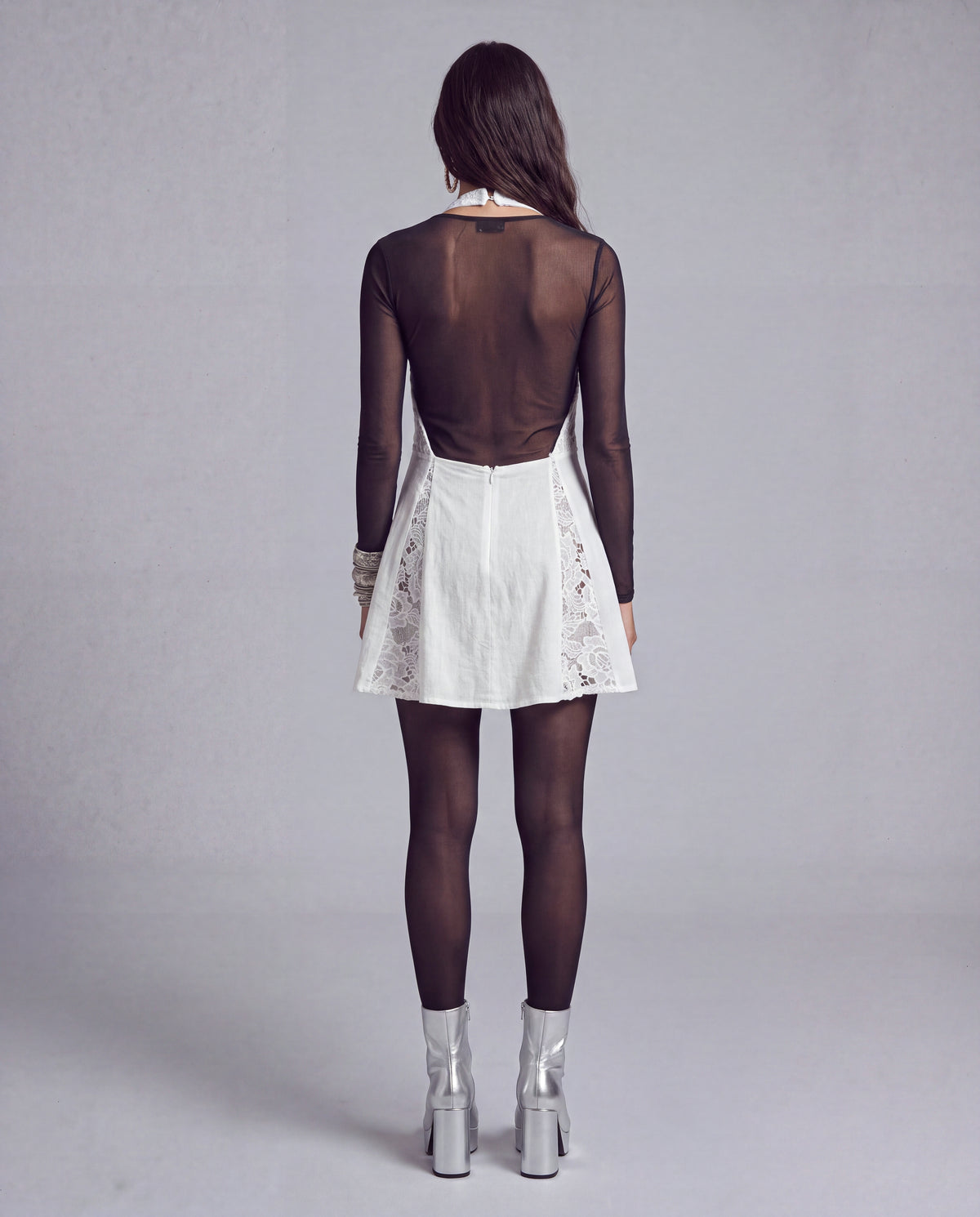 Lace Panel Halter Mini Dress with Plunging V Neckline and Tie Front